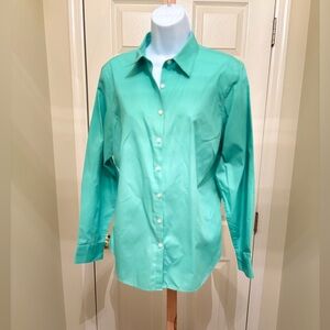 LANDS END Mint Green Button-Down Wrinkle-Free Broadcloth Shirt, Size: 16P